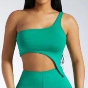 Naked Wardrobe Green Smooth Side Asymmetrical Crop Top New L